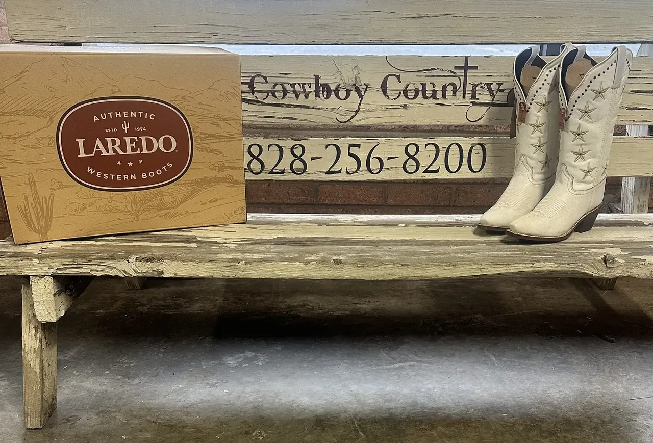 Laredo boots on the Cowboy Country Western Wear bench, Hickory NC